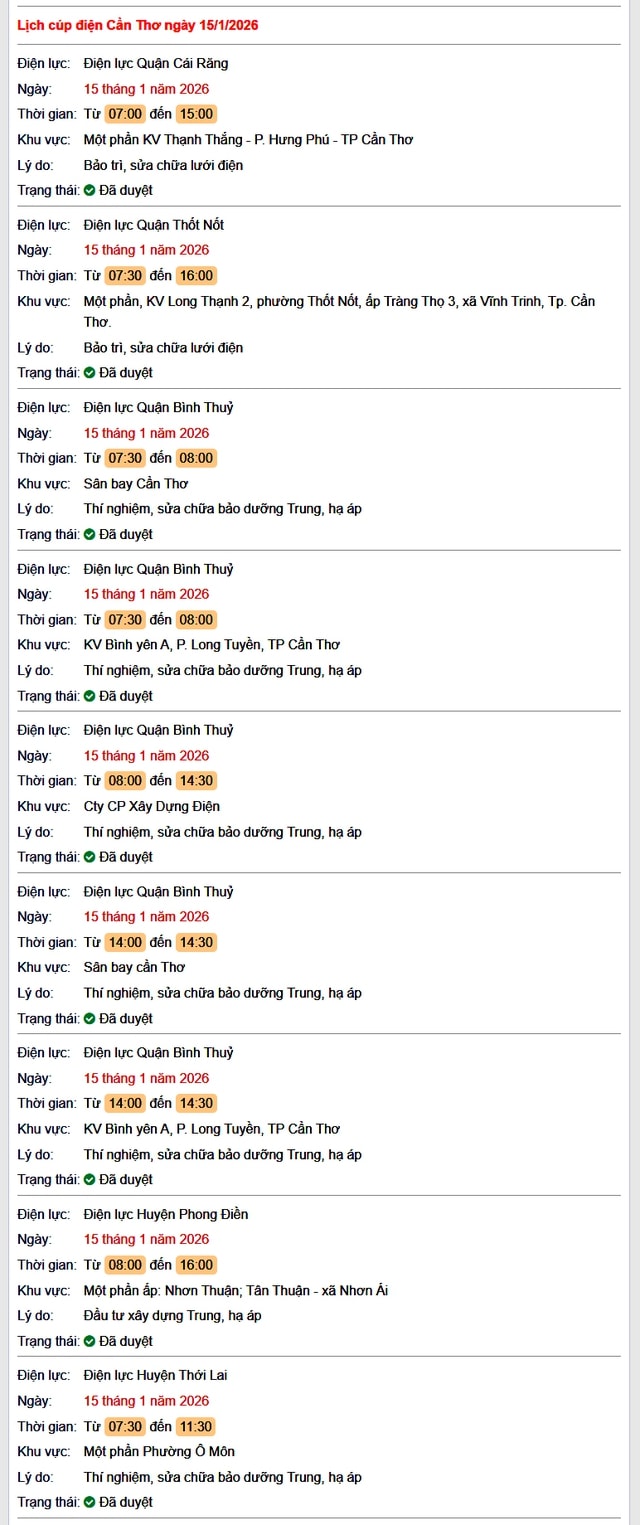 Tra cứu lịch cúp điện Cần Thơ hôm nay Thứ 5 ngày 15/1/2026- Ảnh 1.