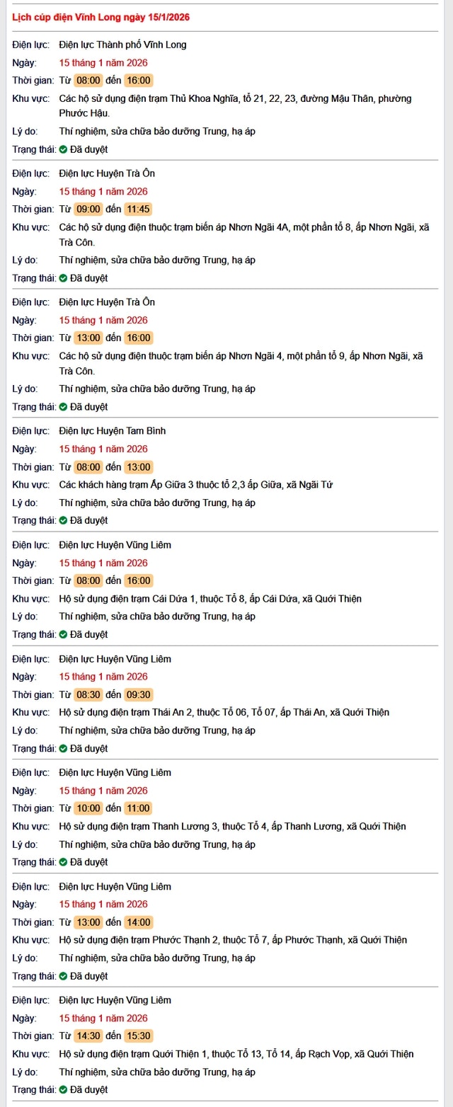 Tra cứu lịch cúp điện Vĩnh Long hôm nay Thứ 5 ngày 15/1/2026- Ảnh 1.