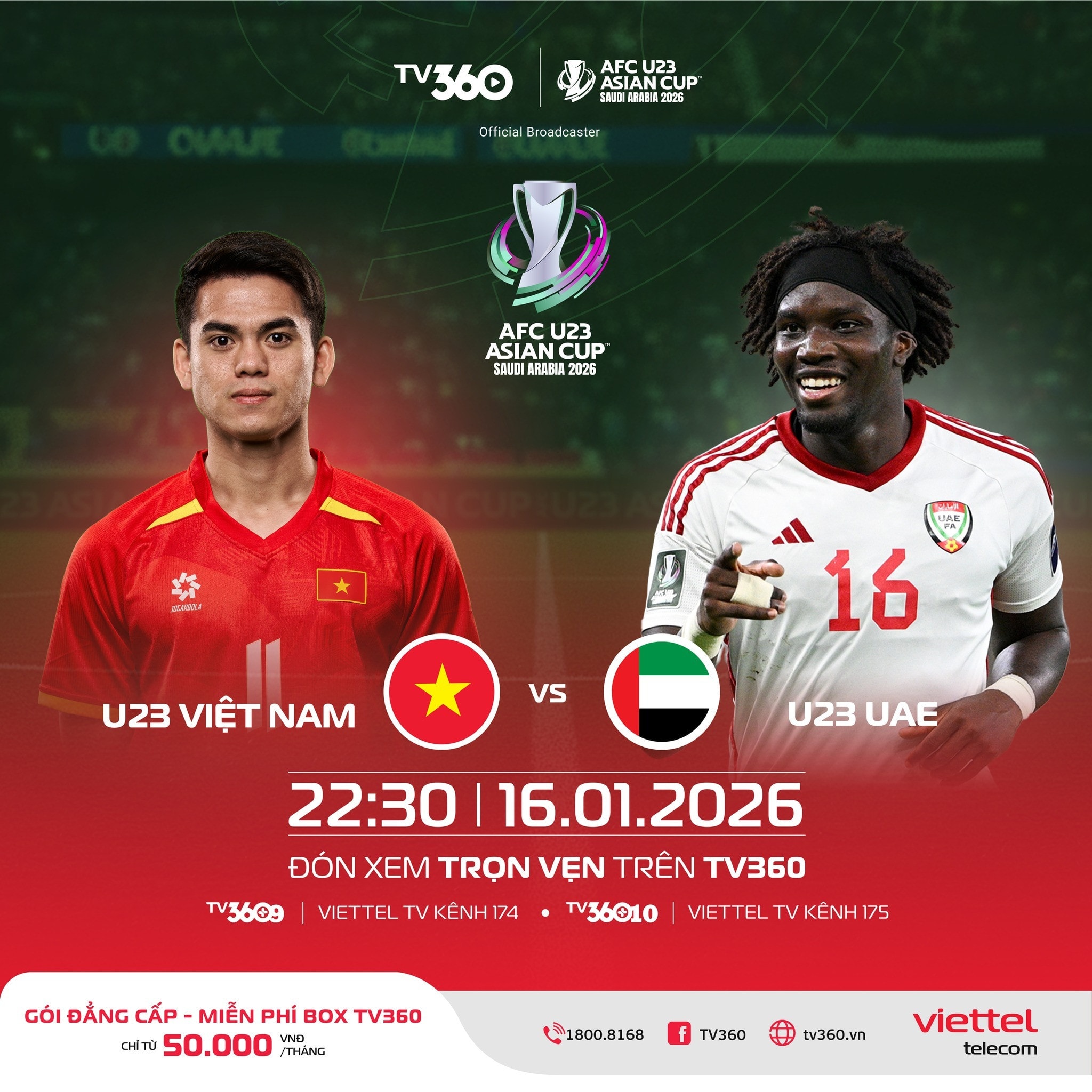 Trận U23 Việt Nam đấu với U23 UAE ở tứ kết giải U23 châu Á 2026 được chiếu trên TV360.
