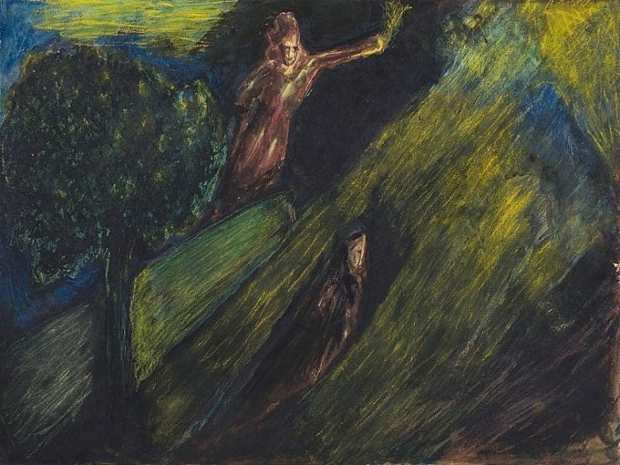 Bức tranh From across the dark (1937) có kích thước khoảng 37 x 49 cm, được vẽ bằng mực, màu poster và bút chì màu trên một tấm bìa cứng. Ảnh: AstaGuru