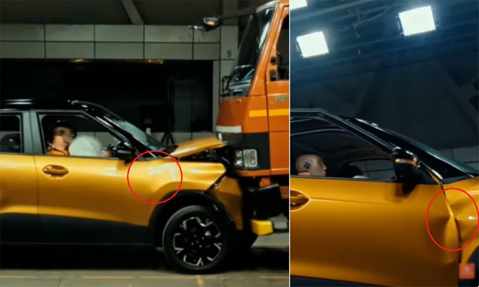 Vị trí gần chắn bùn trước bên người lái khi va chạm không bị móp, nhưng lại xuất hiện sau đó. Ảnh: Tata