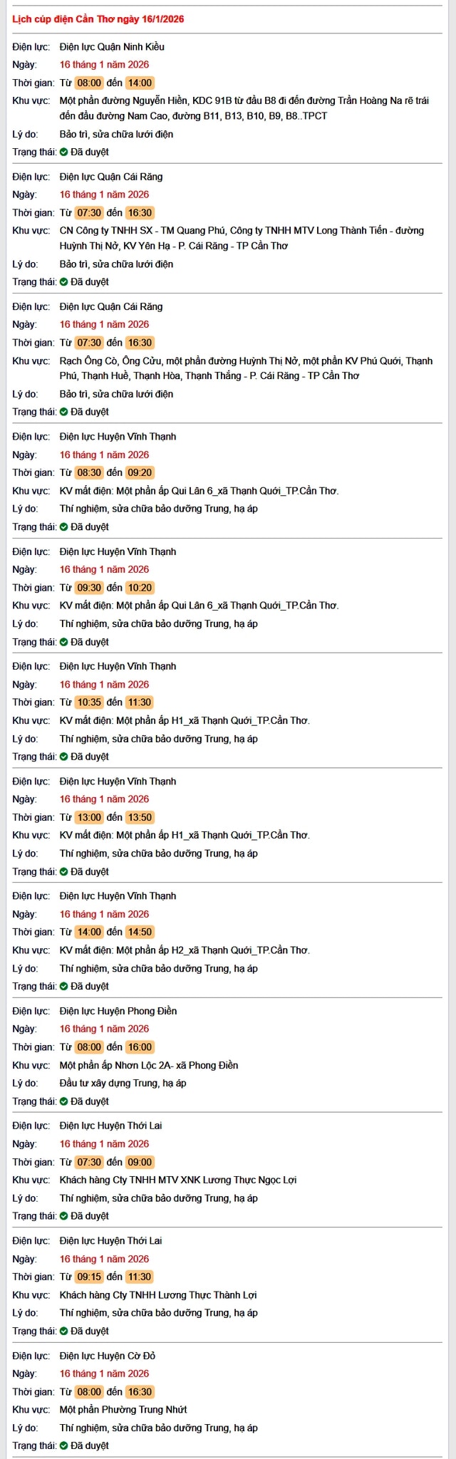 Tra cứu lịch cúp điện Cần Thơ hôm nay Thứ 6 ngày 16/1/2026- Ảnh 1.