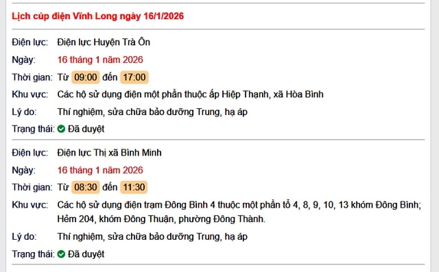 Tra cứu lịch cúp điện Vĩnh Long hôm nay Thứ 6 ngày 16/1/2026- Ảnh 1.