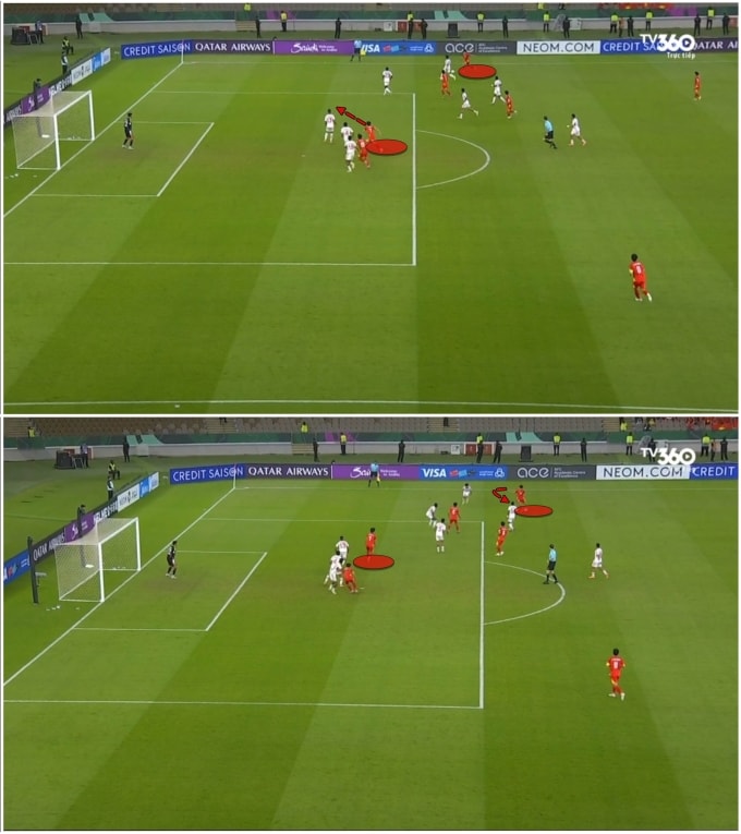 Tình huống di chuyển của Minh Phúc (ở gần biên phải) và Đình Bắc (trong vòng cấm) tạo ra bàn thứ hai cho Việt Nam. Ảnh chụp màn hình