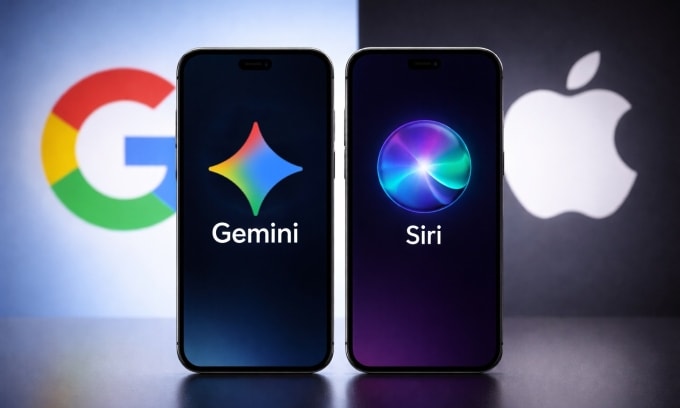 Logo Google Gemini và Apple Siri trên smartphone. Ảnh:ChatGPT