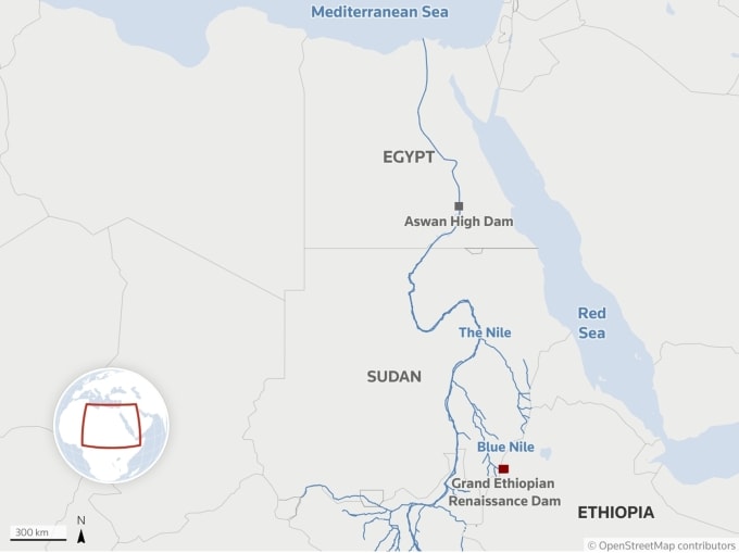 Vị trí đập thủy điện GERD ở Ethiopia (chấm vuông màu đỏ). Đồ họa: Reuters