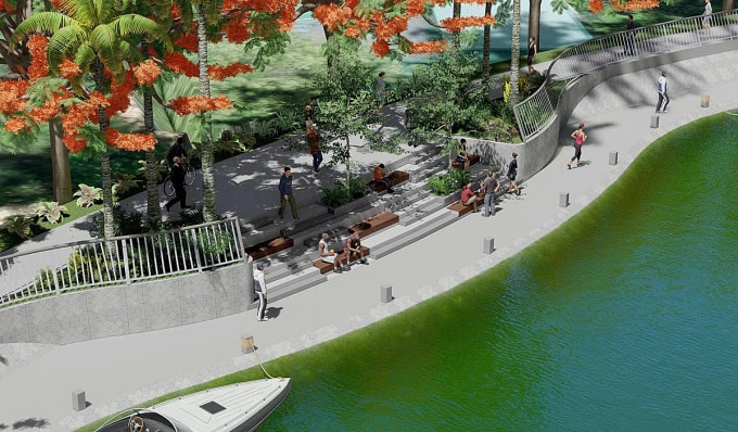 Phối cảnh lối đi bộ xung quanh hồ. Đồ họa: Khải An