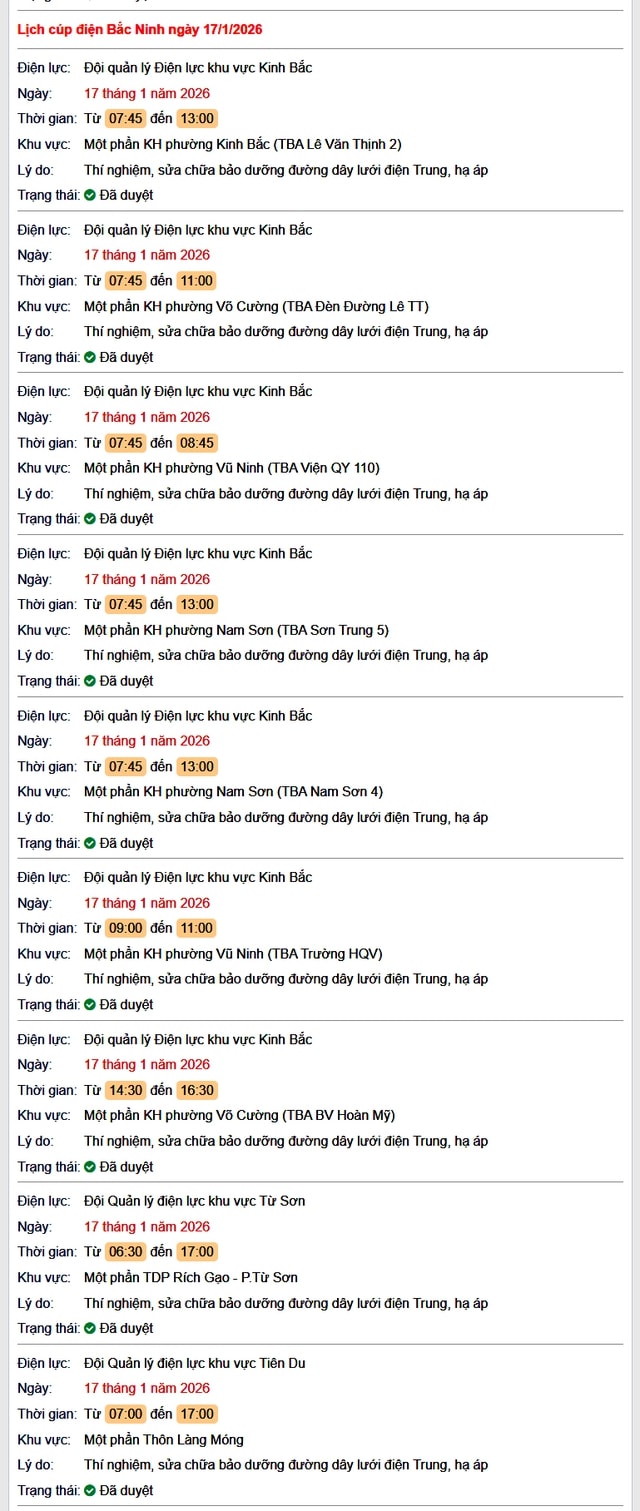 Tra cứu lịch cắt điện Bắc Ninh hôm nay Thứ 7 ngày 17/1/2026- Ảnh 1.
