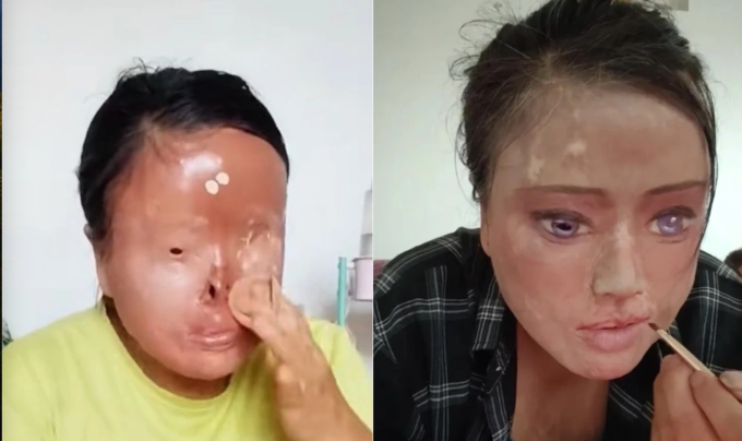 An Hua, 47 tuổi, ở tỉnh Sơn Đông tự vẽ lại mắt, mũi, lông mày để bản thân tự tin hơn. Ảnh: Douyin