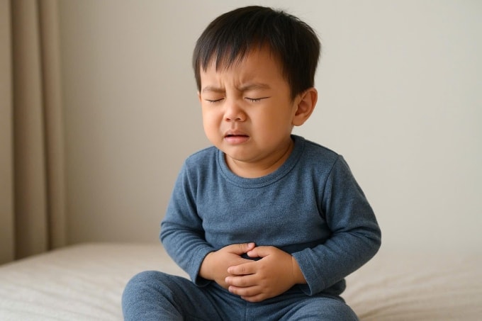 Đau bụng, đầy hơi là dấu hiệu thường gặp khi trẻ rối loạn tiêu hóa. Ảnh được tạo bởi AI