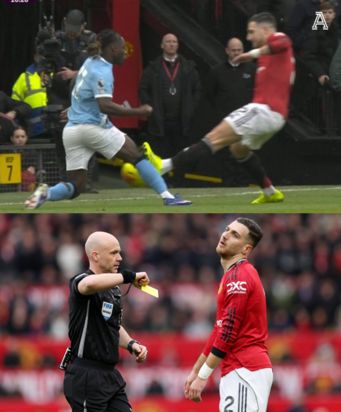 Diogo Dalot nhận thẻ vàng sau pha vào bóng với Jeremy Doku. Ảnh: The Athletic