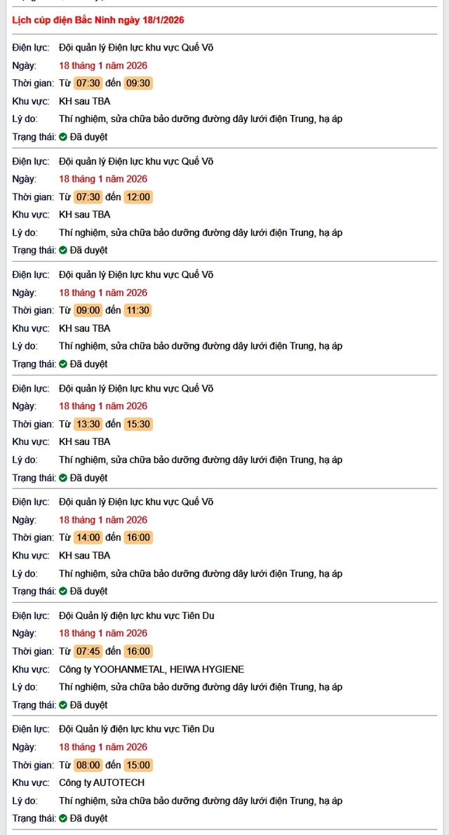 Tra cứu lịch cắt điện Bắc Ninh hôm nay Chủ Nhật ngày 18/1/2026- Ảnh 1.