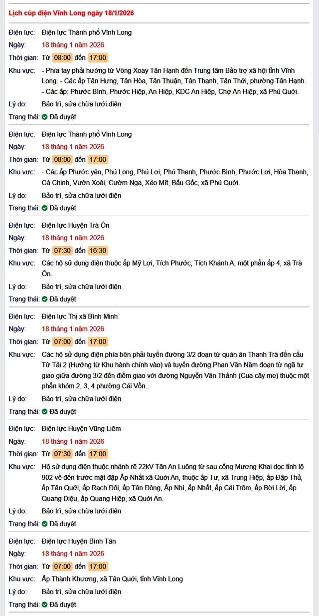 Tra cứu lịch cúp điện Vĩnh Long hôm nay Chủ Nhật ngày 18/1/2026- Ảnh 1.