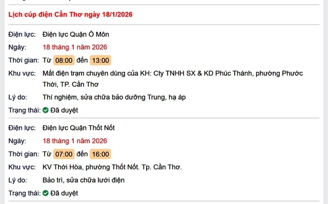 Tra cứu lịch cúp điện Cần Thơ hôm nay Chủ Nhật ngày 18/1/2026- Ảnh 1.