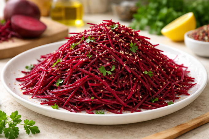 Củ dền phổ biến, dễ dàng chế biến thành nhiều món ăn. Ảnh tạo bởi AI