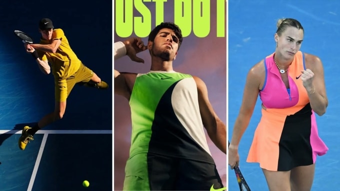 Trang phục của Sinner (trái), Alcaraz và Sabalenka được thiết kế bởi Nike và đều bị chê xấu ở Australia Mở rộng 2026. Ảnh: Sports Mail