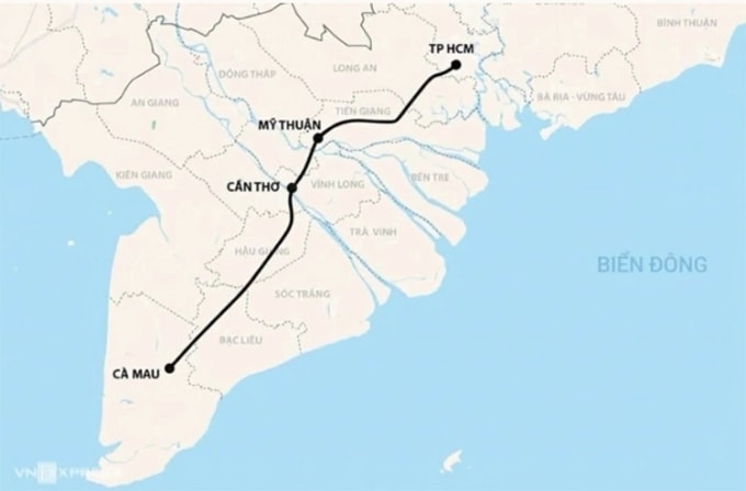 Tuyến hoàn thành giúp kết nối cao tốc liền mạch từ Cà Mau tới TP HCM. Đồ họa: Hoàng Chương