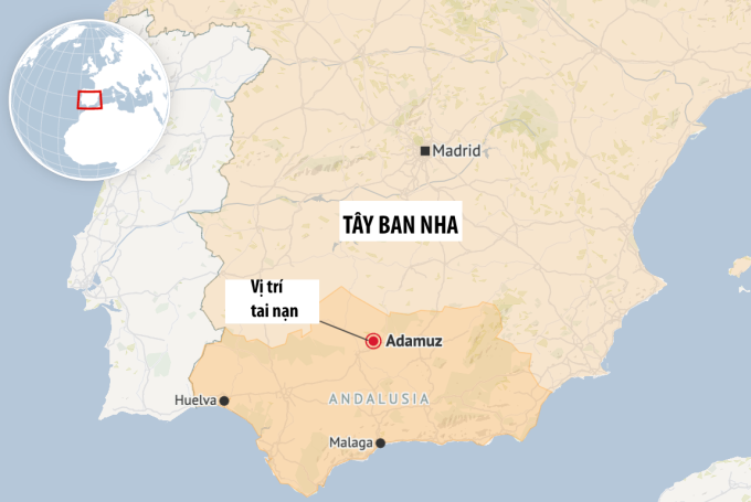 Vị trí Adamuz, nơi xảy ra vụ va chạm giữa hai đoàn tàu cao tốc ngày 18/1. Đồ họa: SMH