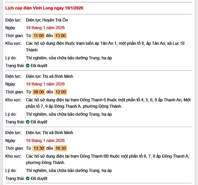 Tra cứu lịch cúp điện Vĩnh Long hôm nay Thứ 2 ngày 19/1/2026- Ảnh 1.