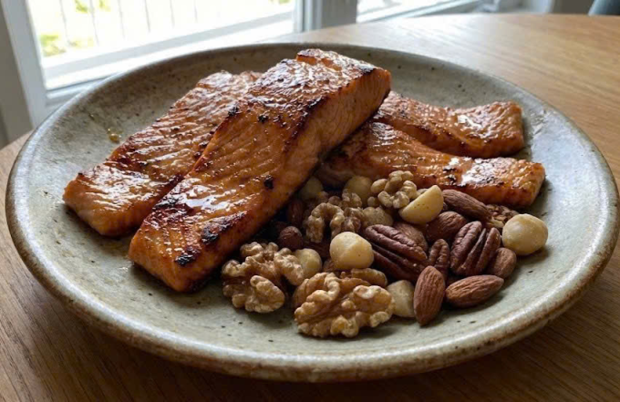 Ăn cá béo và quả hạch thường xuyên giúp nuôi dưỡng não bộ sau tuổi 40. Ảnh: Trọng Nghĩa