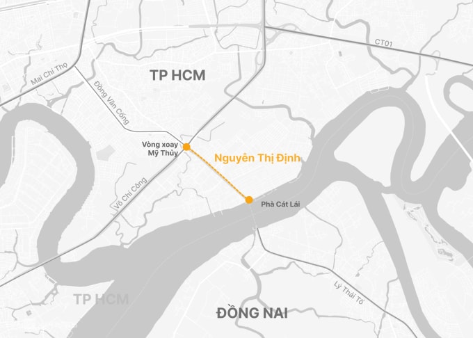 Vị trí đoạn đường Nguyễn Thị Định được đề xuất mở rộng lên 60 m. Đồ họa: Hoàng Thanh