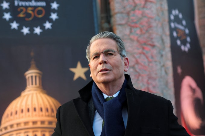 Bộ trưởng Tài chính Mỹ Scott Bessent phát biểu bên lề WEF lần thứ 56 tại Davos, Thuy Sĩ, ngày 20/1. Ảnh: Reuters