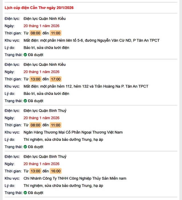 Tra cứu lịch cúp điện Cần Thơ hôm nay Thứ 3 ngày 20/1/2026- Ảnh 1.