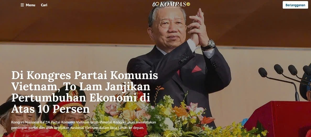 Báo Indonesia đưa tin về Đại hội XIV Đảng Cộng sản Việt Nam. (Ảnh chụp màn hình)