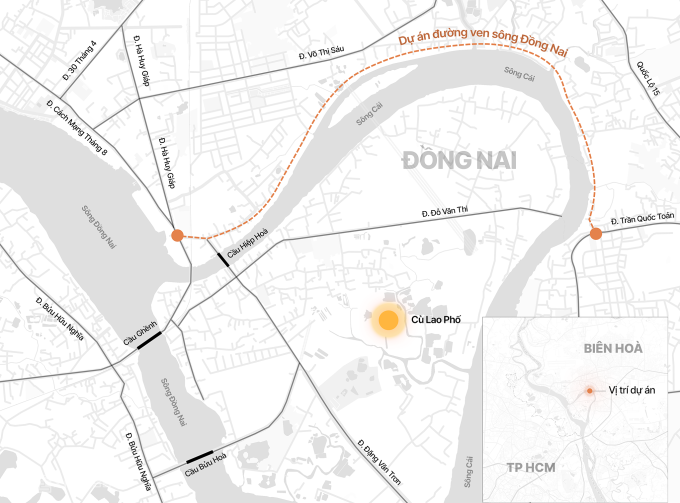 Vị trí tuyến đường ven sông Đồng Nai, ôm quanh Cù lao Phố. Đồ họa: Tâm Thảo