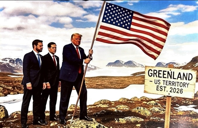 Bức ảnh tạo bằng AI cho thấy ông Trump cắm cờ ở Greenland được Tổng thống Mỹ đăng trên tài khoản Truth Social. Ảnh: Truth Social/realDonaldTrump