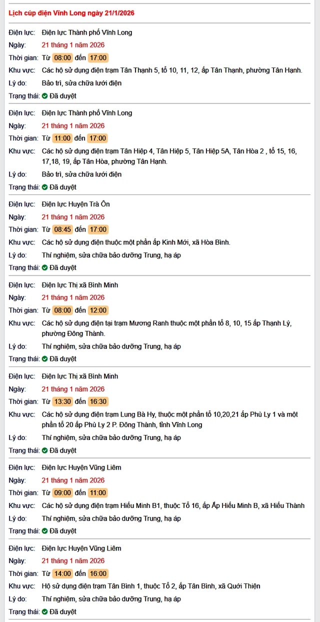 Tra cứu lịch cúp điện Vĩnh Long hôm nay Thứ 4 ngày 21/1/2026- Ảnh 1.
