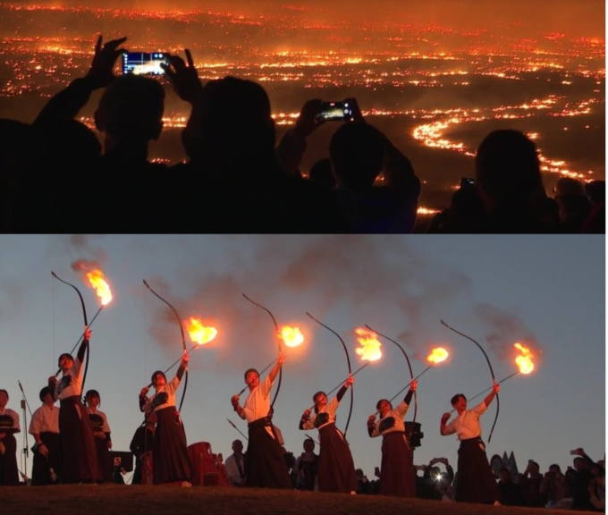 Người dân và du khách tham dự lễ hội đốt cỏ khô. Ảnh: NHK World Japan