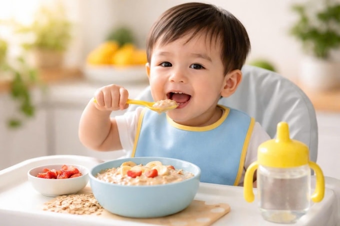 Trẻ có thể dùng yến mạch thay cho bữa sáng hoặc bữa xế. Ảnh được tạo bởi AI