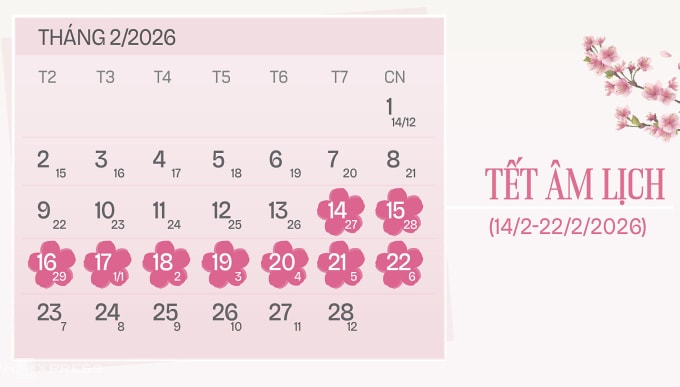 Lịch nghỉ Tết Bính Ngọ 2026. Đồ họa: Tạ Lư