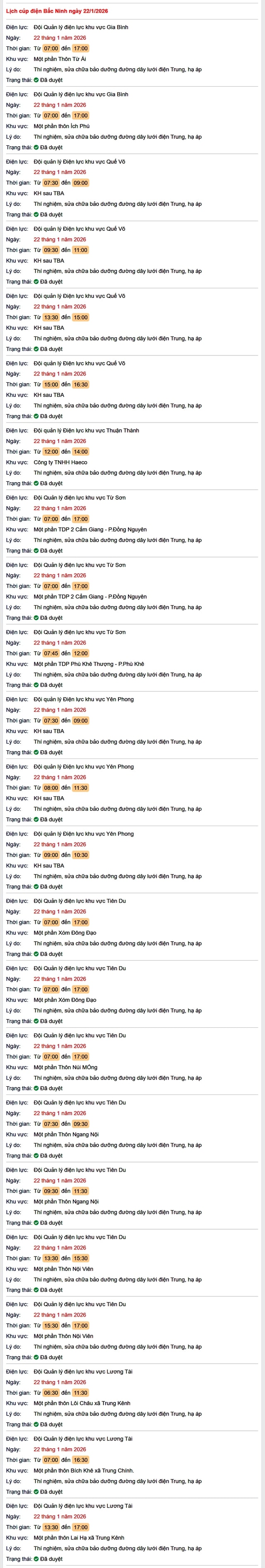 Tra cứu lịch cắt điện Bắc Ninh hôm nay Thứ 5 ngày 22/1/2026- Ảnh 1.