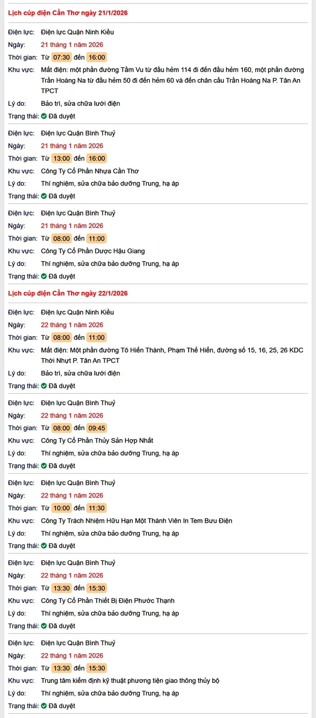 Tra cứu lịch cúp điện Cần Thơ hôm nay Thứ 5 ngày 22/1/2026- Ảnh 1.