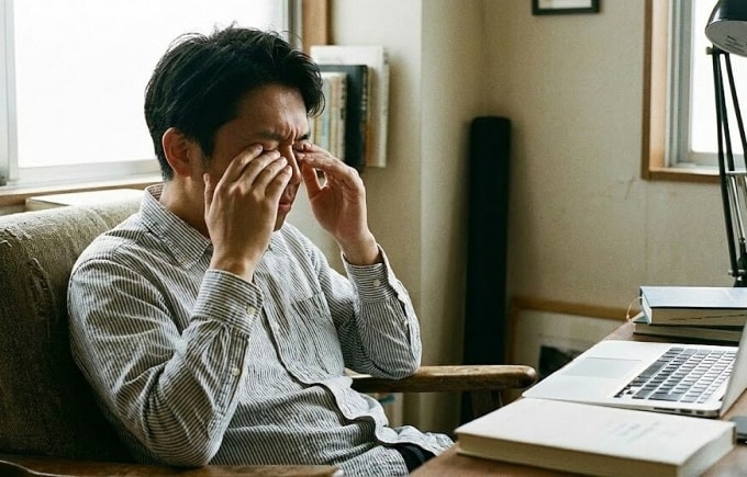 Làm việc thường xuyên trên máy tính gây mỏi mắt. Ảnh được tạo bởi AI