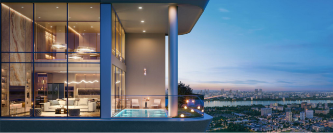 Căn hộ có hồ bơi, sân vườn cùng tầm nhìn ra sông Hồng và phố cổ. Ảnh: Meygroup