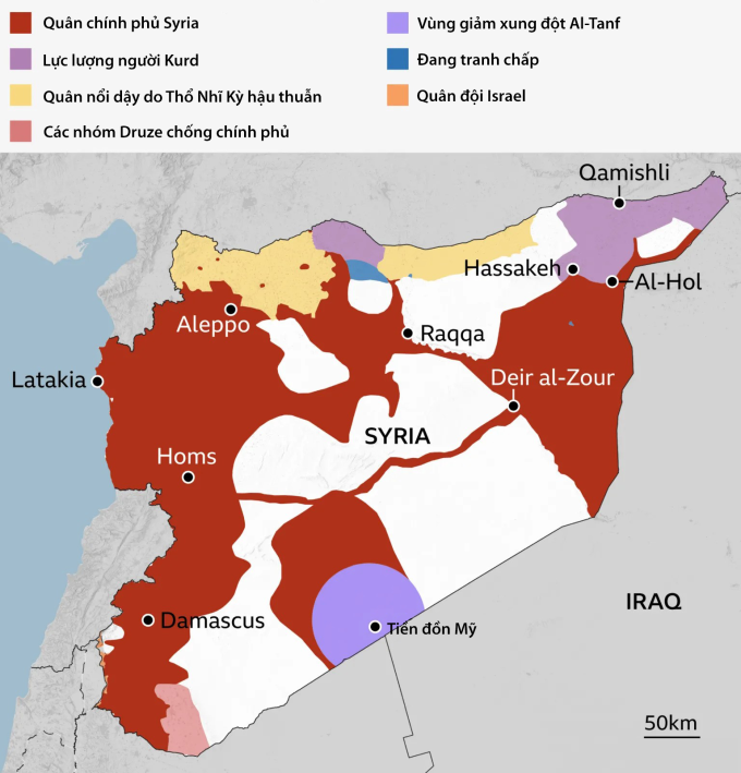 Các khu vực do quân chính phủ kiểm soát tại Syria. Đồ họa: BBC