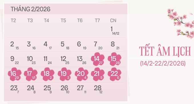 Lịch nghỉ Tết Bính Ngọ 2026. Đồ họa: Tạ Lư