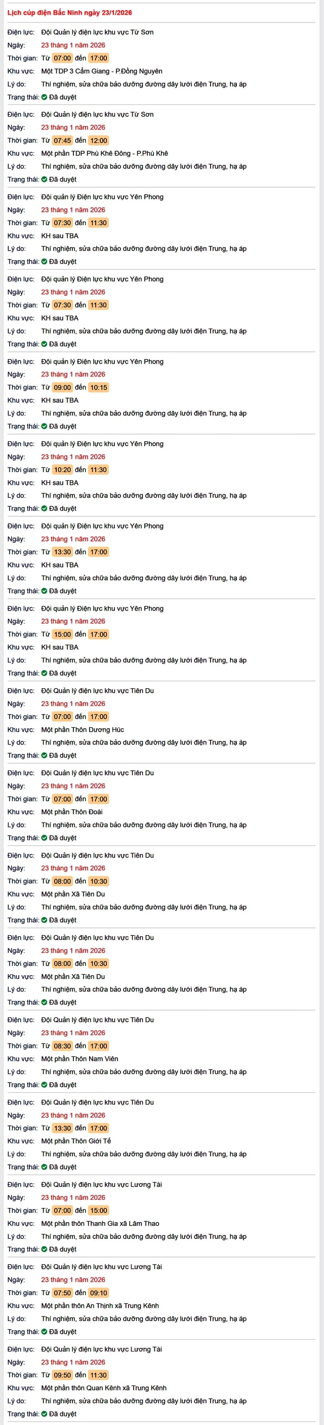 Tra cứu lịch cắt điện Bắc Ninh hôm nay Thứ 6 ngày 23/1/2026- Ảnh 1.