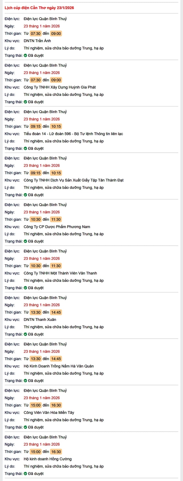 Tra cứu lịch cúp điện Cần Thơ hôm nay Thứ 6 ngày 23/1/2026- Ảnh 1.