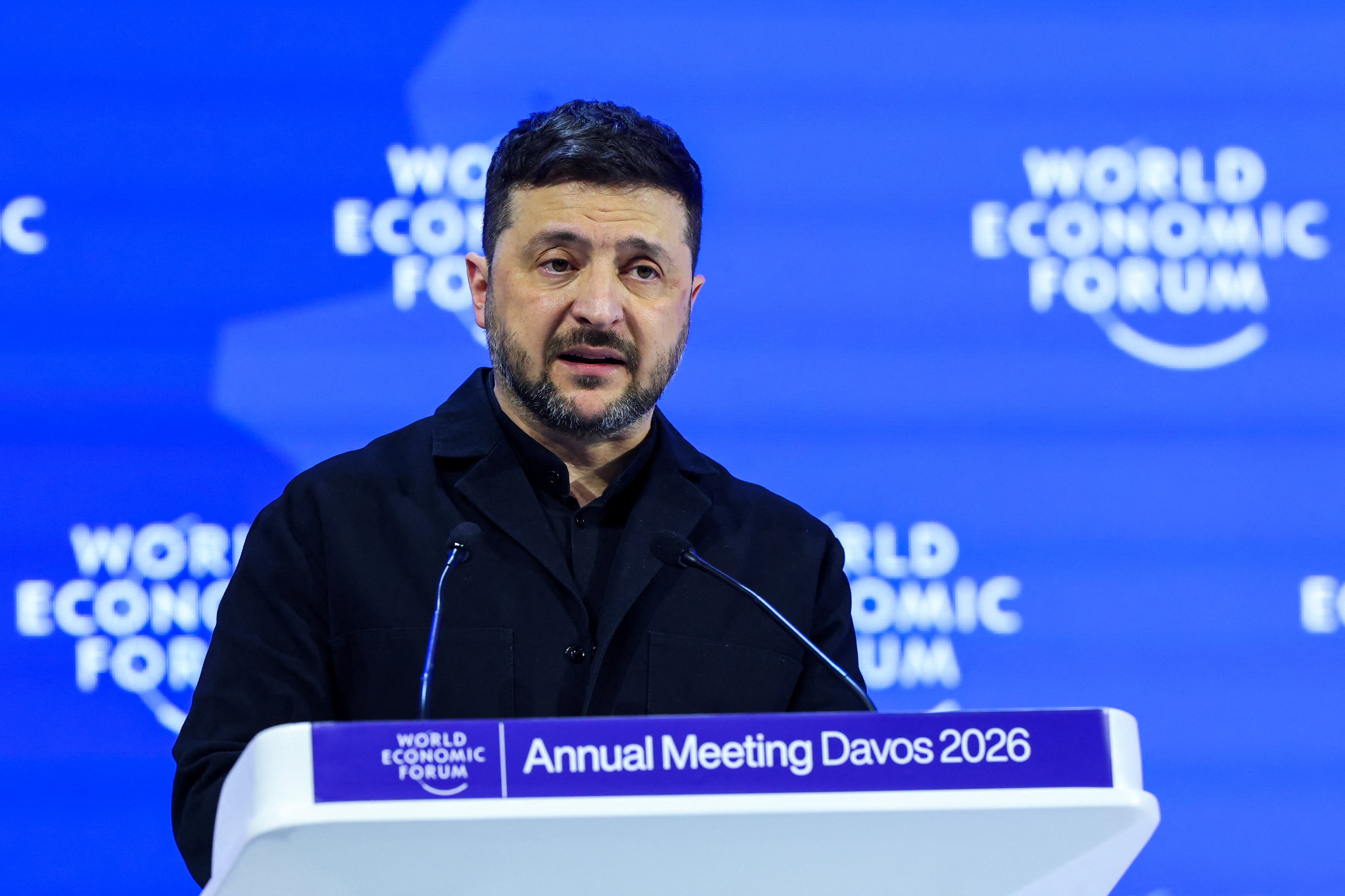 Tổng thống Ukraine Volodymyr Zelensky phát biểu tại Diễn đàn Kinh tế Thế giới (WEF). (Ảnh: Reuters/Denis Balibouse)