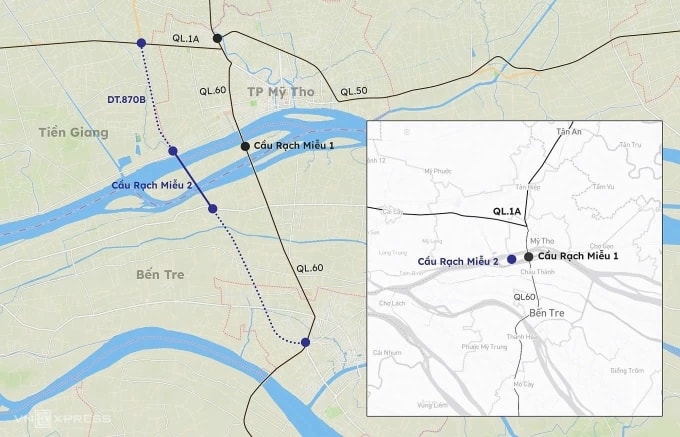 Vị trí cầu Rạch Miễu 2. Đồ họa: Khánh Hoàng