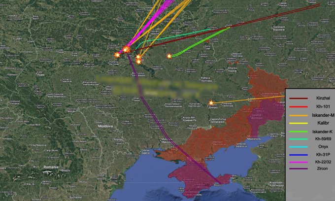 Hướng bay của một số tên lửa Nga dùng để tập kích Ukraine. Đồ họa: X/AMK Mapping