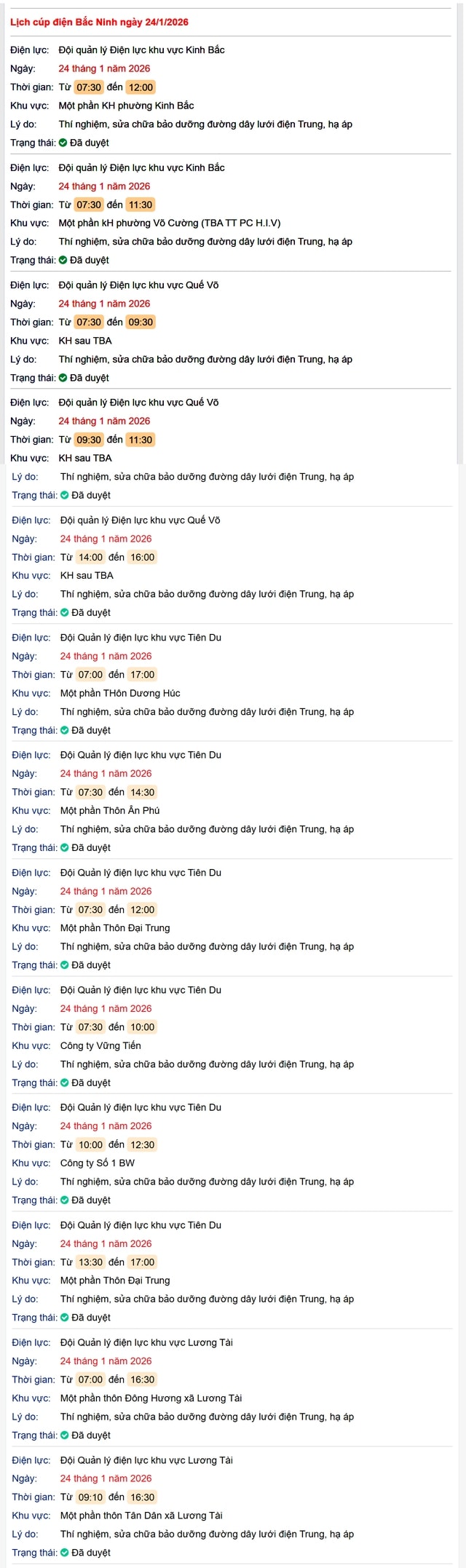 Tra cứu lịch cắt điện Bắc Ninh hôm nay Thứ 7 ngày 24/1/2026- Ảnh 1.