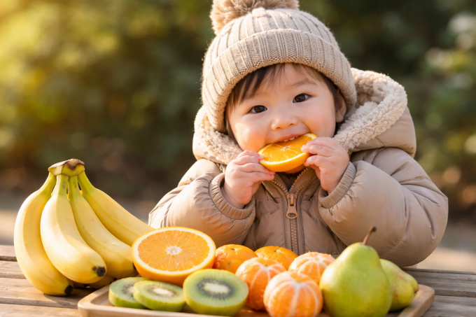 Trẻ nên ăn nhiều trái cây vào mùa lạnh để tăng cường hệ miễn dịch. Ảnh minh họa tạo bởi AI