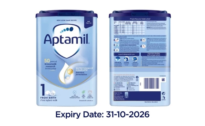 Danone Anh thông báo thu hồi sản phẩm sữa Aptamil First Infant Formula 800 gram trên website hôm 24/1. Ảnh: Aptamil