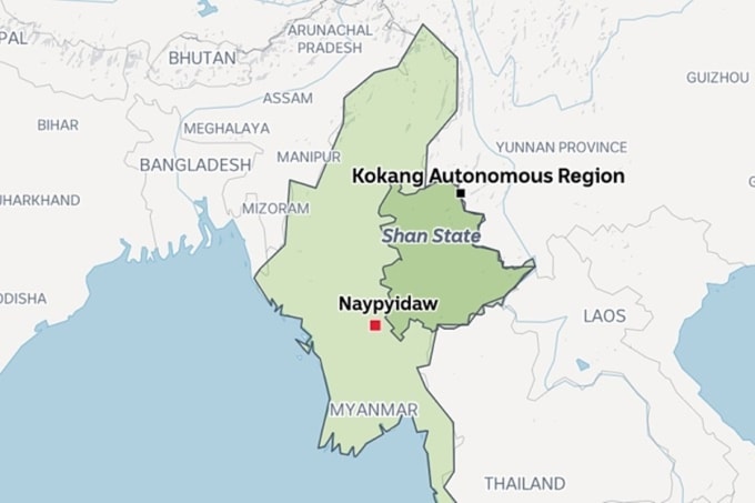 Vị trí bang Shan và khu tự trị Kokang của Myanmar. Đồ họa: OpenStreetMap