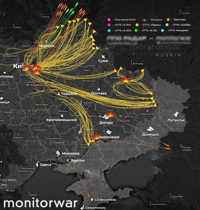 Hướng bay của tên lửa và UAV Nga trong cuộc tập kích ngày 24/1. Đồ họa: Monitorwar